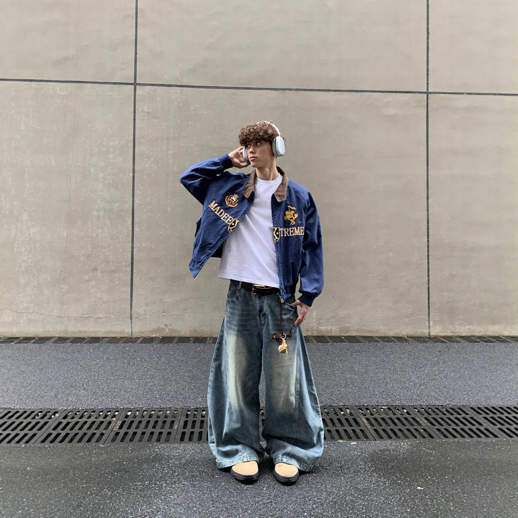 Streetwear Navy Blue Cropped Baseball Jacket