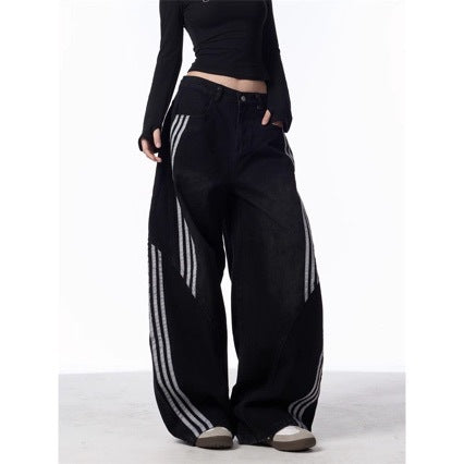 American-style Retro Streetwear Hip-hop Striped Denim Wide-leg Pants