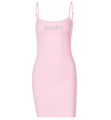 DA 3198B Letters Hot Rhinestone Thin Dress