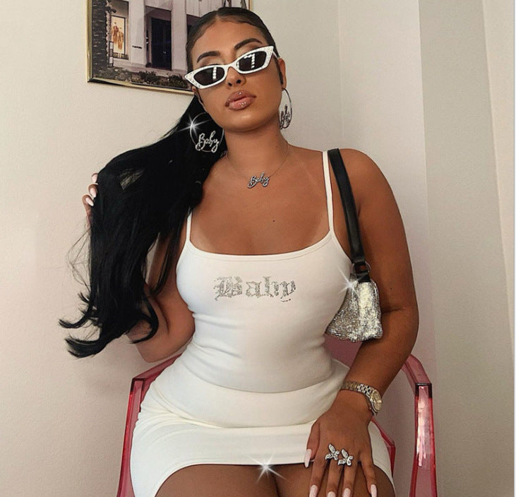 DA 3198B Letters Hot Rhinestone Thin Dress