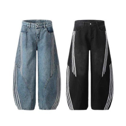 American-style Retro Streetwear Hip-hop Striped Denim Wide-leg Pants
