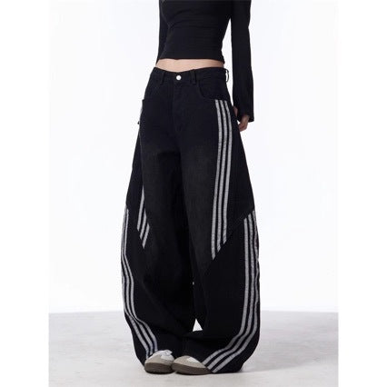 American-style Retro Streetwear Hip-hop Striped Denim Wide-leg Pants