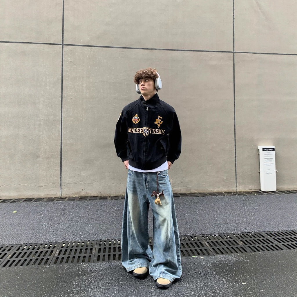 Streetwear Navy Blue Cropped Baseball Jacket