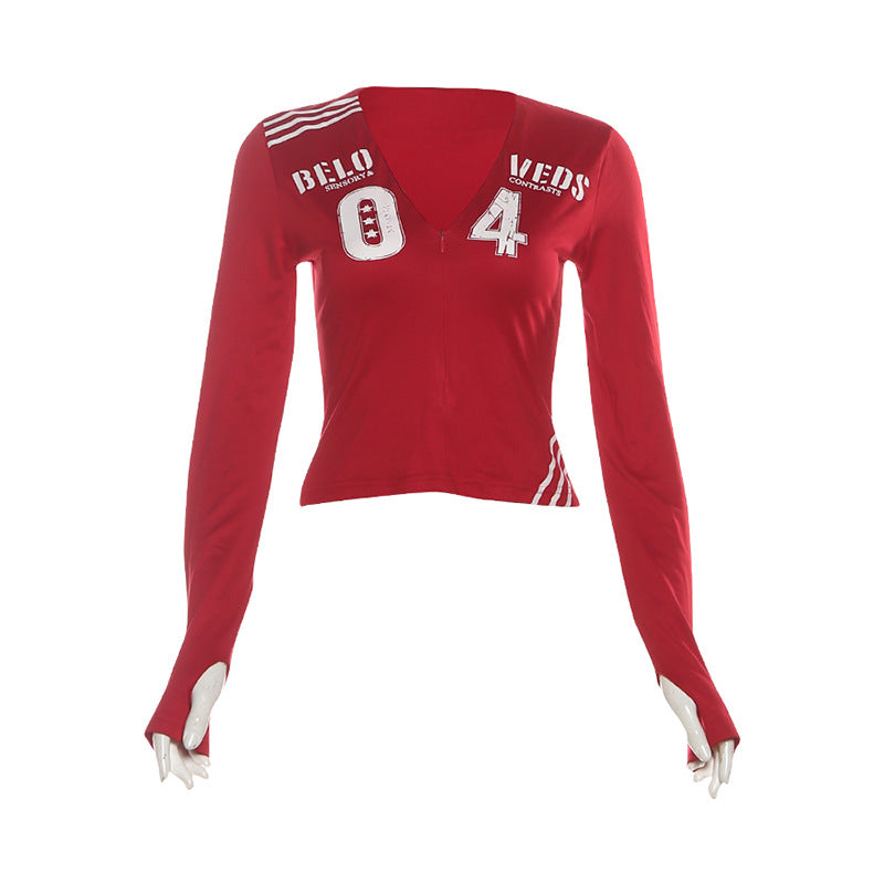 Women retro Streatwear sporty V-Neck T-Shirt With Letter And Number Print