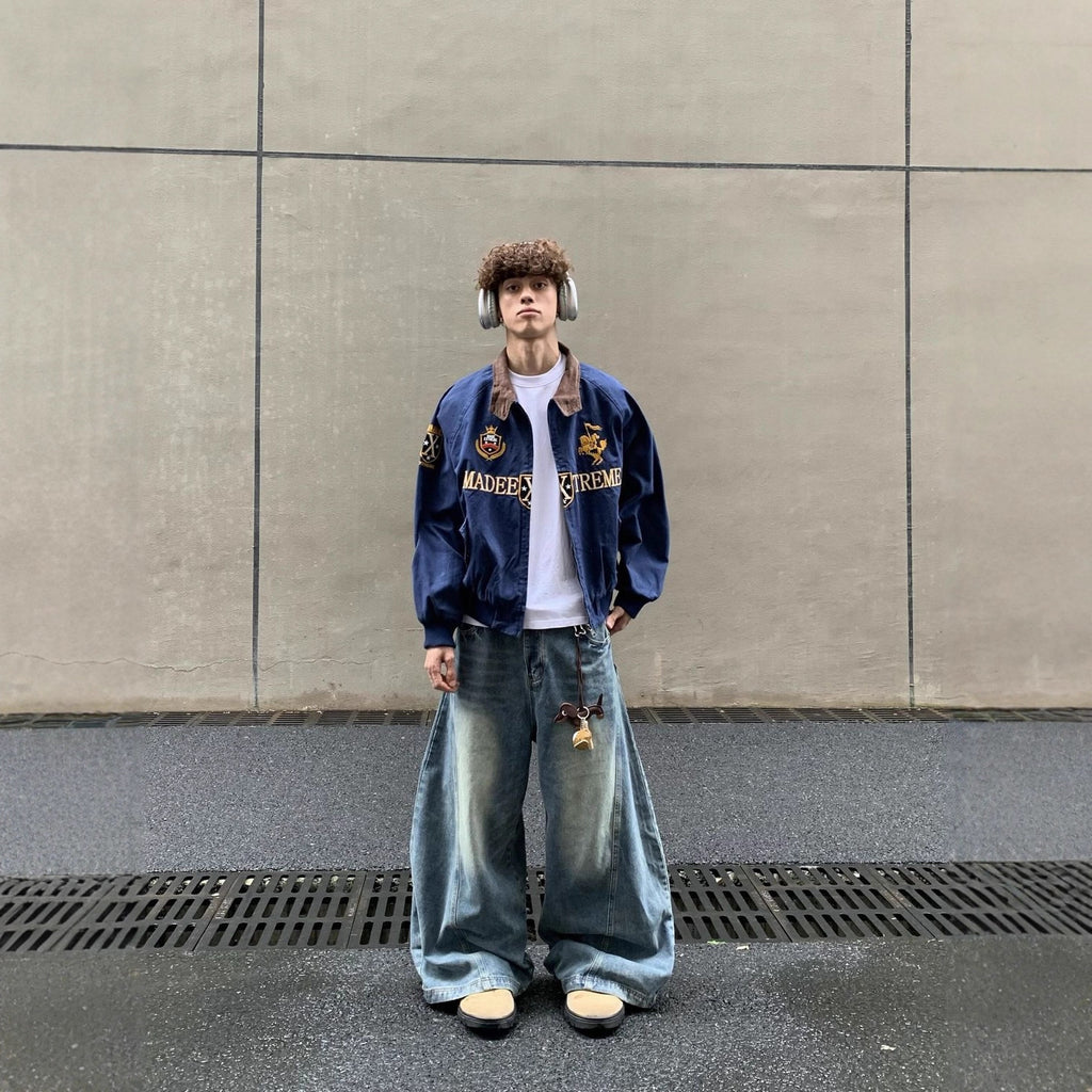 Streetwear Navy Blue Cropped Baseball Jacket