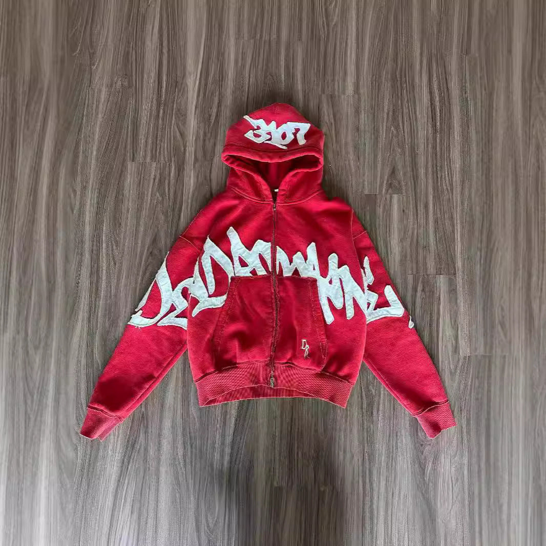 Hooded 3D Letter Print Loose Zip-Up Sweatshirt